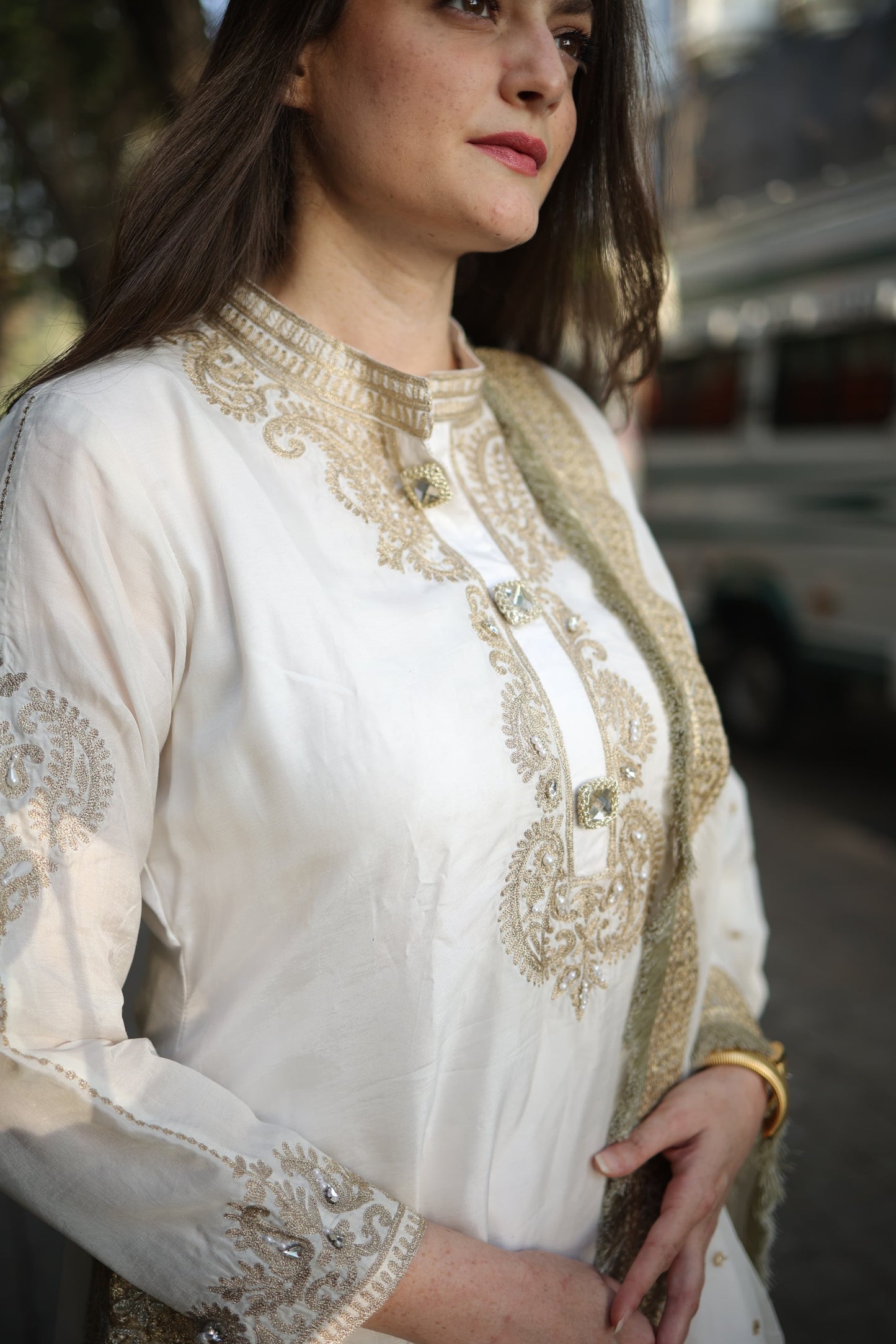 Kurta with gold Aari pear and stone work along with chanderi brocade pants organza silk dupattah