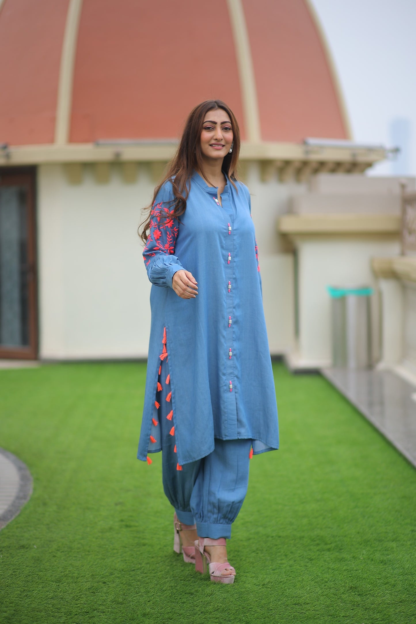 Stand Colar Neck Kurti Embroiderd Sleeves ( Only Kurta)