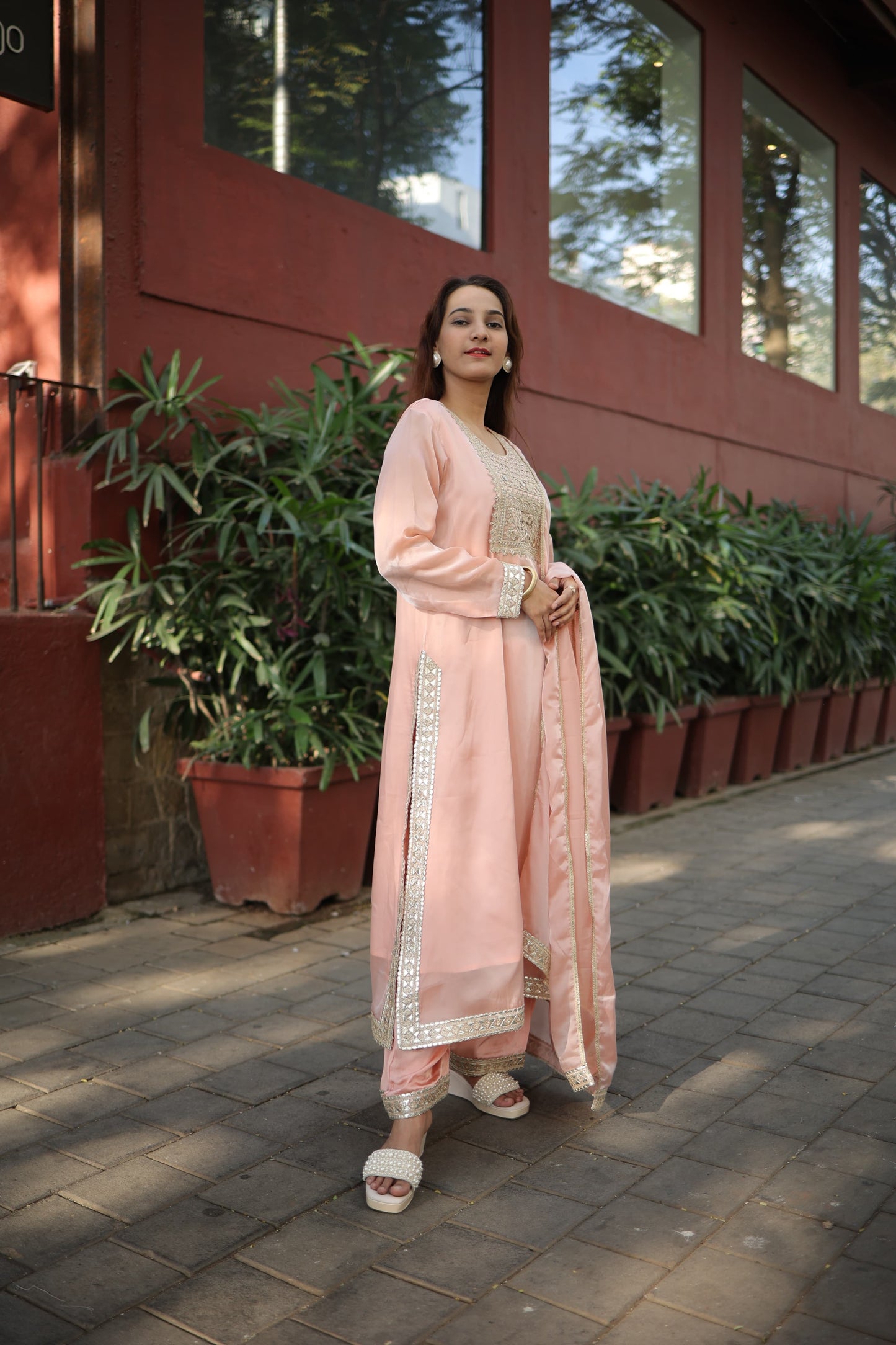 Long kurta with slits Dupattah and pants with gotta work neck and borders