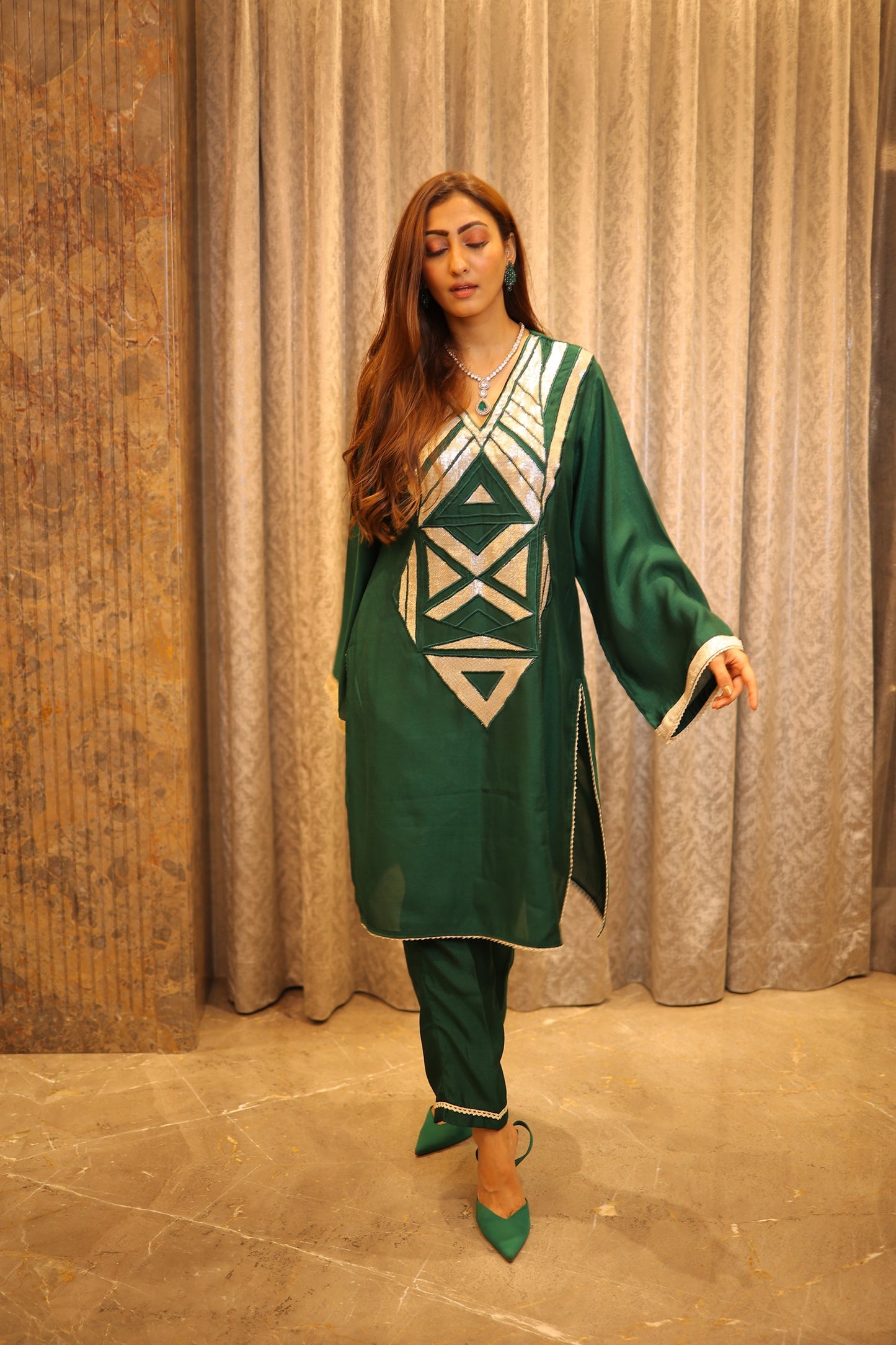 V NECK kurta with sequence work in the front